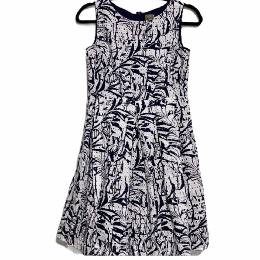 Taylor Navy Blue & White Eyelet‎ Fit & Flare Dress